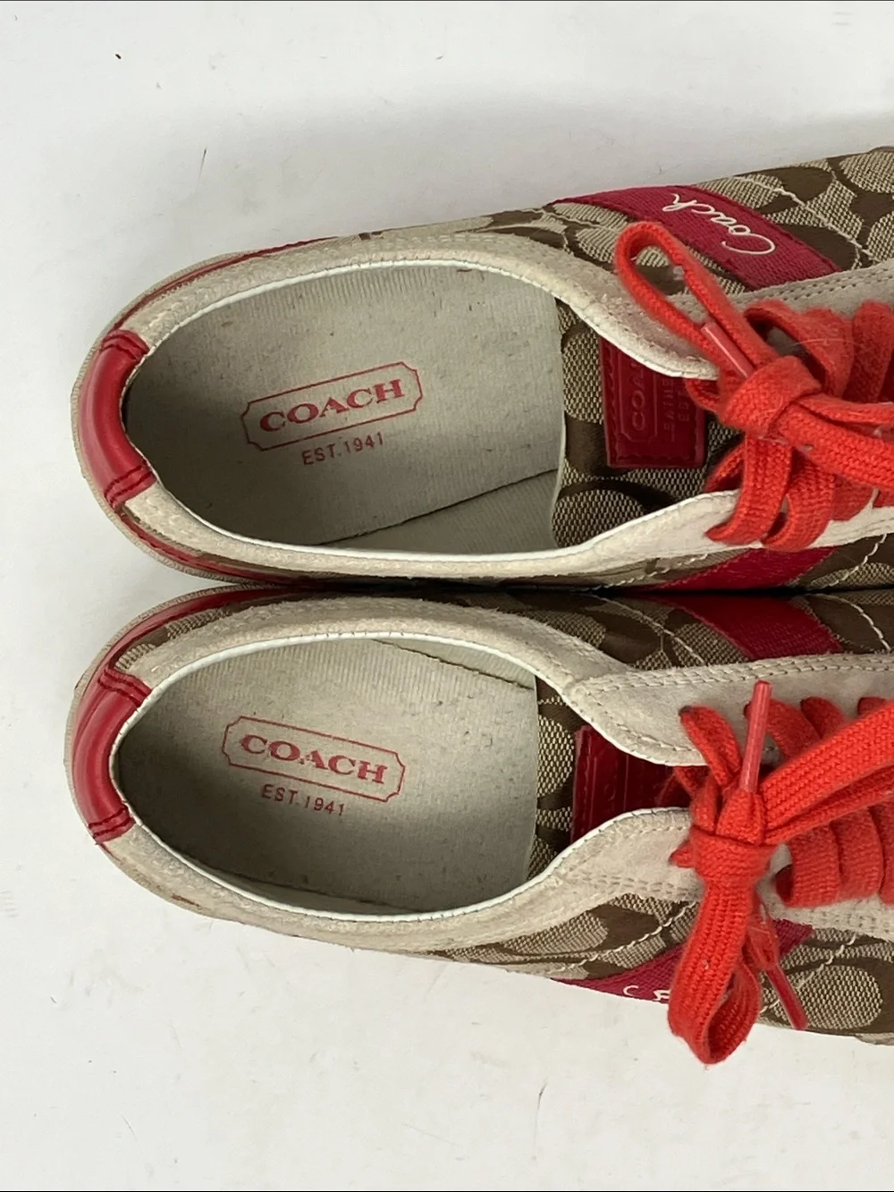 Coach Baylee Signature C Canvas Suede Sneakers Red Tan Sz 7.5 A1474